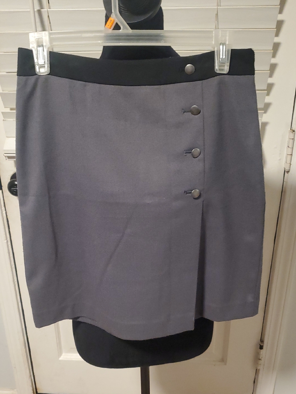 LOFT Gray Skirt with Black Waistband and Button Detail